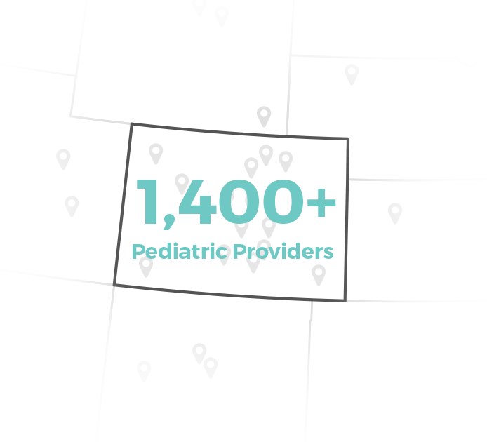 Infographic showing Colorado and the seven-state region with location markers and 1400+ pediatric providers text.